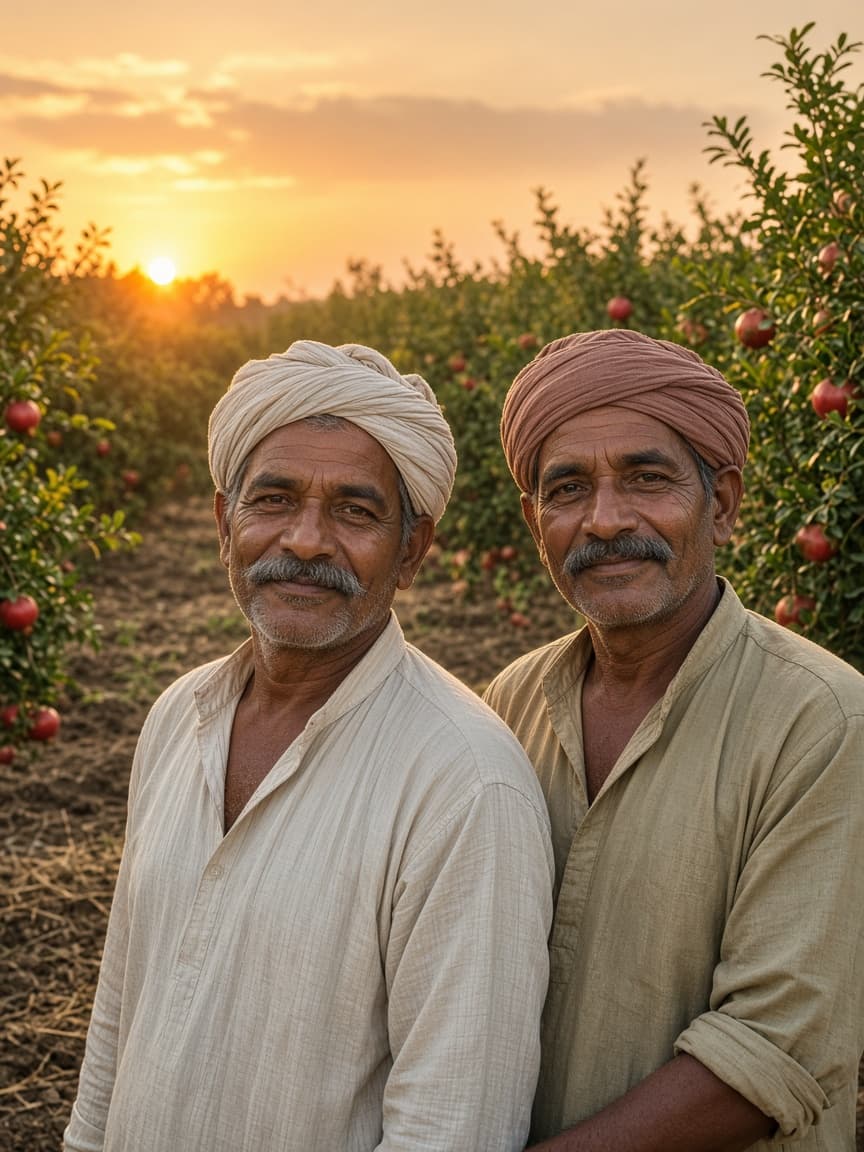 Contract growers in a pomegranate orchard at sunset