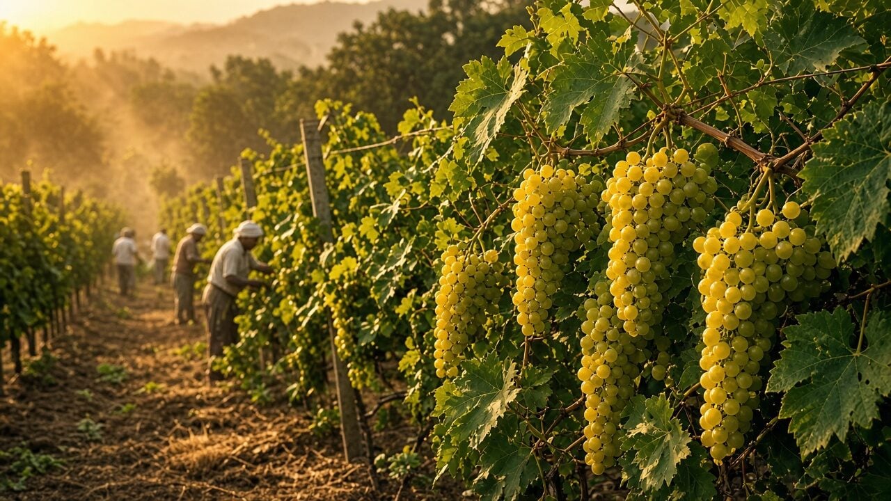 Indian table-grape vineyard at harvest, rows of vines in golden light