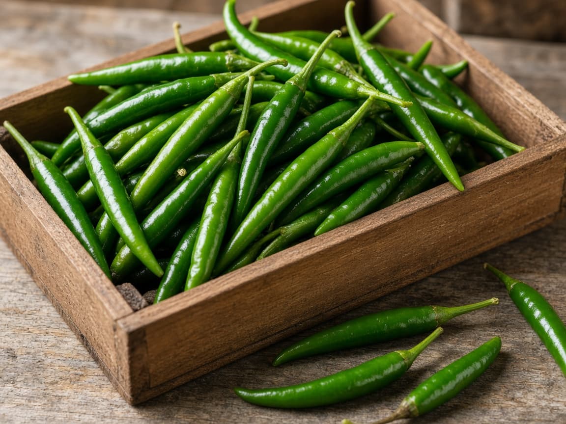 Indian green chillies in an export crate